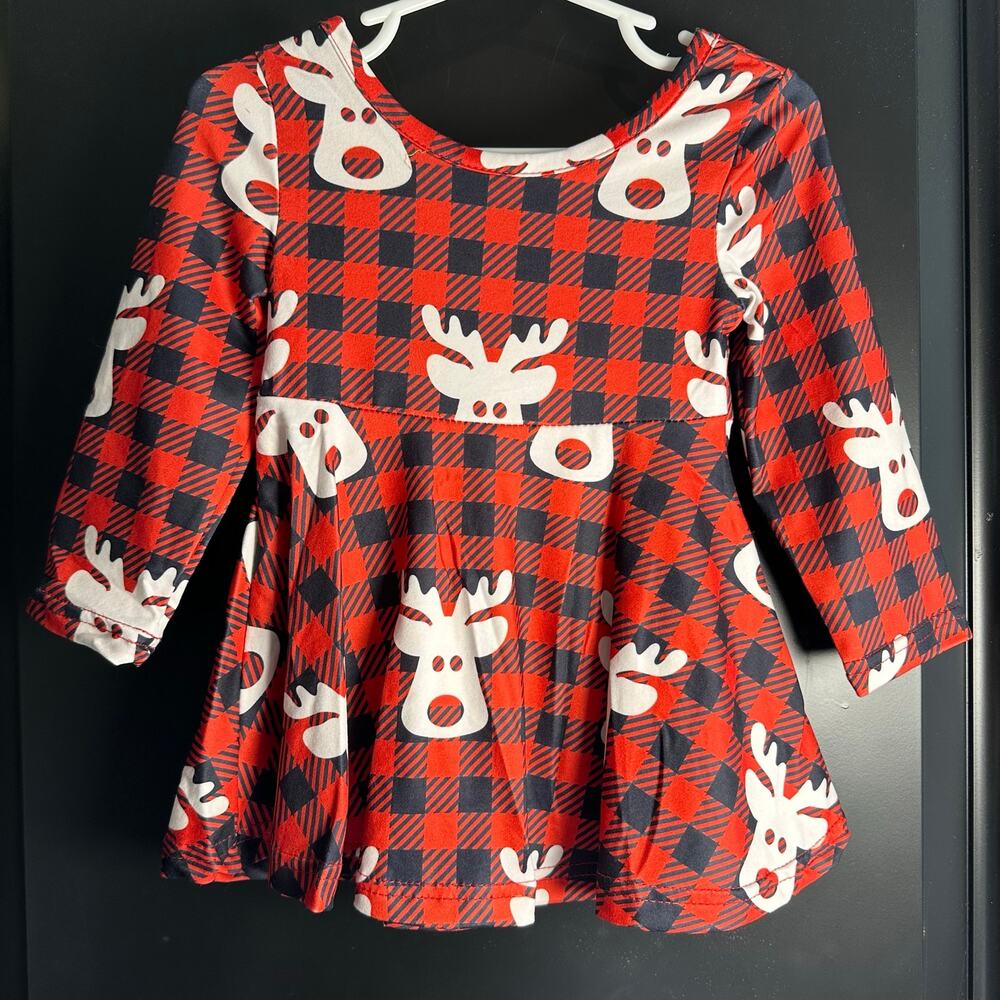 Spring NWT Boutique Baby Girls 2XS/6-9M Dress Red Black Plaid Reindeer Christmas